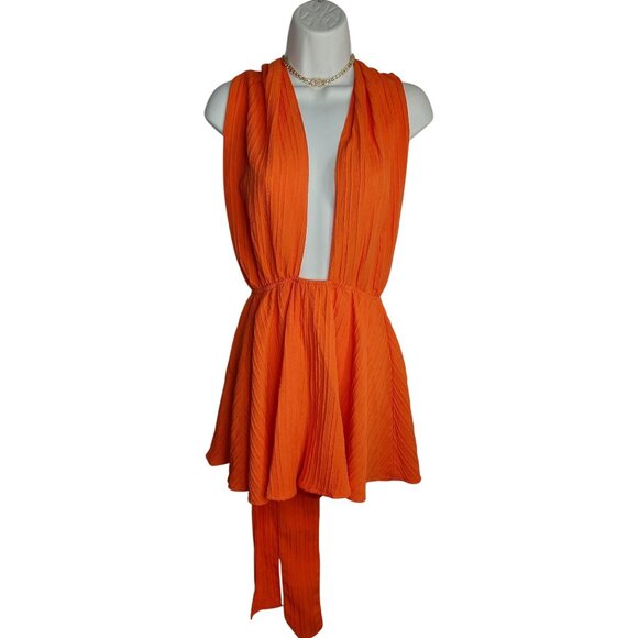 Orange Pleated Sleeveless Halter JUMPER With Ties on the Back size  S - Picture 1 of 5